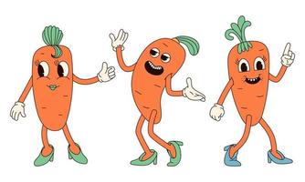 Groovy hippie Happy Easter characters. Set of Easter carrot in trendy retro 60s 70s cartoon style. vector