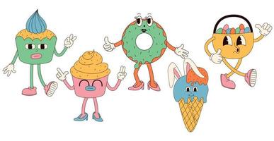 Groovy hippie Happy Easter characters. Easter bun, ice cream, egg basket in trendy retro 60s 70s cartoon style. vector