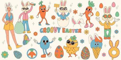 Groovy hippie Happy Easter set. Easter bunny, eggs, butterflies, cupcakes, chickens. Set of cartoon characters and elements in trendy retro 60s 70s cartoon style. vector