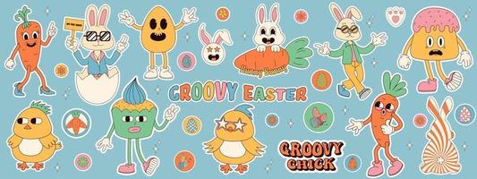 Groovy hippie Happy Easter stickers. Easter bunny, eggs, flower, chickens. Sticker pack of cartoon characters and elements in trendy retro 60s 70s cartoon style. vector