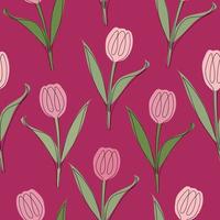 Seamless pattern of tulips drawn in one line. Vector illustration isolated on pink background.