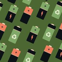 Seamless pattern of their insulated cylindrical batteries. A group of colored batteries on a green background. vector