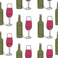 Seamless pattern. Vector illustration of a wine bottle and a glass. Drawing in one line