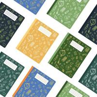 Seamless pattern of colorful notebooks with doodle drawings. Vector illustration isolated on a white background