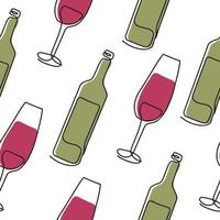 Seamless pattern. Vector illustration of a wine bottle and a glass. Drawing in one line