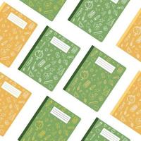 Seamless pattern of colorful notebooks with doodle drawings. Vector illustration isolated on a white background