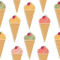 Seamless pattern of ice cream in a waffle cone. Vector illustration isolated on a white background