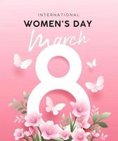internacional contento De las mujeres día 8 marzo con flores y mariposa póster diseño en rosado fondo, eps10 vector ilustración.