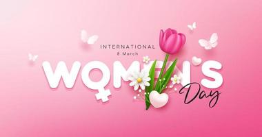 contento De las mujeres día con tulipán flores y mariposa bandera diseño en rosado fondo, eps10 vector ilustración.