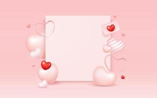 contento San Valentín día, con vistoso globos corazón colecciones, blanco papel espacio bandera diseño en rosado fondo, eps10 vector ilustración.