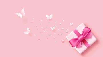 Gift box pink bows ribbon with butterfly paper cut and heart, banner design on pink background, EPS10 Vector illustration.