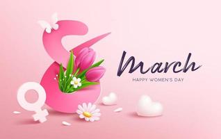 8 marzo contento De las mujeres día con tulipán flores y mariposa, corazón, bandera concepto diseño en rosado fondo, eps10 vector ilustración.