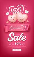 Happy Valentine's day, Balloon heart man and woman love each other, love you message, pink paper roll of sale design on pink background, Eps 10 vector illustration