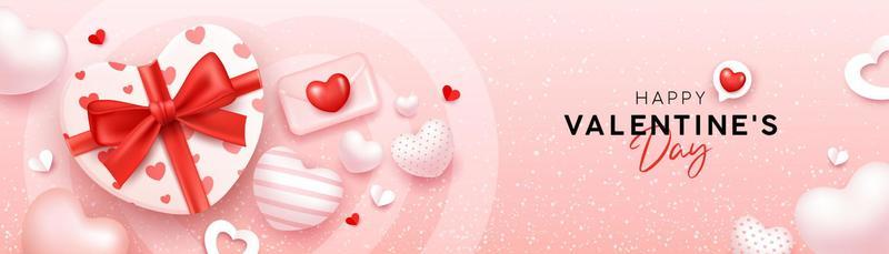 Gift box red ribbon, Happy Valentine's day, with balloons heart, banner design on pink background, EPS10 Vector illustration.