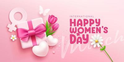 contento De las mujeres día regalo caja rosado arcos cinta con tulipán flores y mariposa, corazón, blanco flor, bandera concepto diseño en rosado fondo, eps10 vector ilustración.
