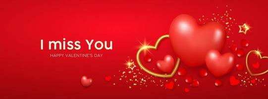 contento San Valentín día rojo corazón y oro corazón, Rosa pétalos con oro cinta bandera diseño en rojo fondo, eps10 vector ilustración.
