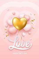 Happy Valentine's Day, Gold balloon heart, love message design pink and white balloons heart poster on pink background, EPS10 Vector illustration.
