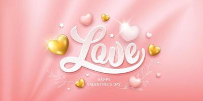 LOVE message paper cut, pink and gold heart design banner on curtain pink background, EPS10 Vector illustration.