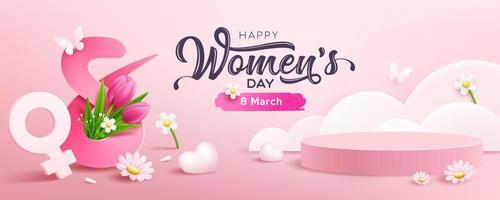 De las mujeres día 8 marzo, presentación podio y corazón, blanco flores, mariposa, concepto diseño bandera, rosado fondo, eps10 vector ilustración.