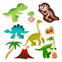 linda dinosaurios dibujos animados dinosaurio, bebé continuar en huevo, prehistórico monstruo esqueleto, palma árbol y vulcano. gracioso jurásico animales vector caracteres