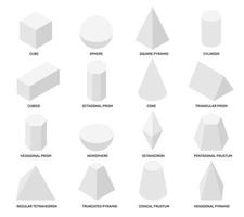 Isometric shapes. White isolated geometric objects, math templates for school studying and abstract design. Cube, prism 3d vector elements set