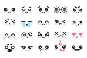 Kawaii faces. Manga face cute japanese characters, cartoon emoji facial emotions. Smile, sad and anger, cry and joy, love vector set