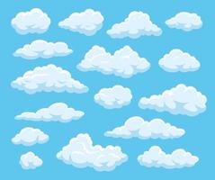 Cartoon clouds. Blue cloudy sky with white floating fluffy cloud shapes. 2d game, atmospheric vector isolated elements