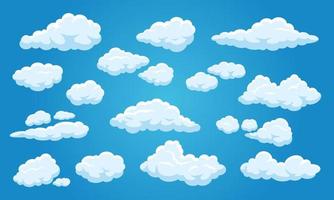 White cartoon clouds. Cute cloudy blue sky 2d game comic elements, heaven summer weather background isolated vector set