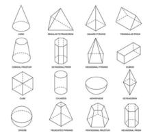 Line isometric shapes. Simple geometric forms for school learning and logo design. Cylinder, prism and pyramid, cone and sphere 3d vector math set