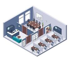 Isometric office. Room interior with furniture, desk and computer, printer and reception. Business building cutaway 3d vector company workplace