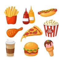 Fast food. Cartoon french fries, ketchup and hot dog, chicken and pizza, coffee and burger, popcorn and ice cream. Takeaway junk food vector set