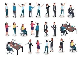 Isometric people. Men and women in business and casual clothes, office worker various postures in workspace. 3d isolated vector characters