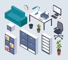 Isometric furniture. Office desk with monitor, computer mouse and lamp, printer and clock, armchair. Couch, plant in pot 3d interior vector set