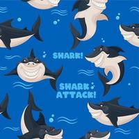 Shark seamless pattern. Sea predator, dangerous fish, smiling sharks. Wallpaper decor vector texture