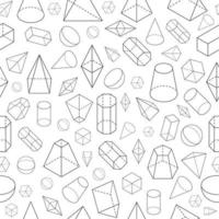 Isometric 3d shapes seamless pattern. Geometric math wireframe objects. Pyramid, prism and sphere, cone and cube. Vector school texture