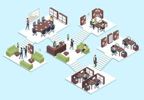 Isometric office. Business people team working together, employees in 3d interior vector teamwork, presentation and workspace concept