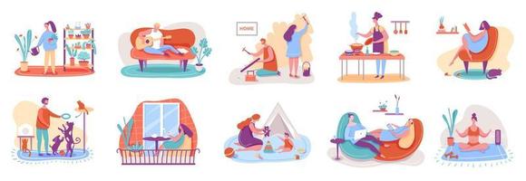 People relaxing at home. Man and woman watering plants, cooking, reading books, playing with pets, practicing yoga. Leisure time vector set