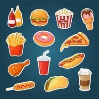 Fast food stickers. Burger, popcorn and fries, hot dog. Ketchup, mustard drinks, chicken and donut, tacos and ice cream sticky labels vector set