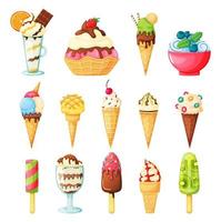 Ice cream cones topped with sprinkles, fruits, syrup, nuts. Tasty fruit ice, kiwi popsicle. Vanilla and chocolate sundae. Cartoon summer dessert vector set