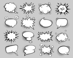 Empty comic bubble. Cartoon speech balloons for text, retro chat talk dialog clouds with halftone shadow effect vector isolated set