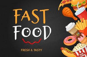 Fast food banner. Cartoon hot dog, popcorn and donut, coffee and pizza, chicken, cola and ice cream, burger. Fast food restaurant vector flyer