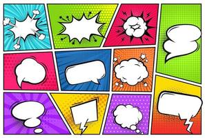 Comic frames with speech bubbles. Talk balloons with pop art backdrop in frames. Superhero explosion magazine texture. Retro vector templates