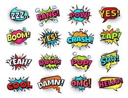 Comic speech bubbles. Cartoon expressions zam, boom and crash, cool and omg, lol. Retro comics text bubble with halftone vector set