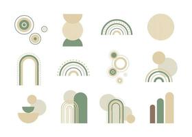 Set of boho style geometric, minimalistic design elements. Abstract shapes with texture. Modern aesthetic. Green organic wall decor, cover, print, card, branding designs. vector