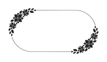 Floral wreath frame template. Rounded oval border with vine and hand drawn flower pattern. Vector round border with space for text.