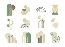 Set of boho style geometric, minimalistic design elements. Abstract shapes with texture. Modern aesthetic. Green organic wall decor, cover, print, card, branding designs. vector