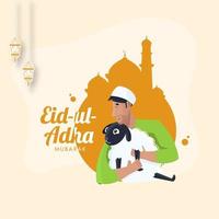 Eid-Ul-Adha Mubarak Concept with Brown Silhouette Mosque, Sticker Style Hanging Lanterns and Muslim Man holding a Cartoon Sheep on Peachy Yellow Background. vector