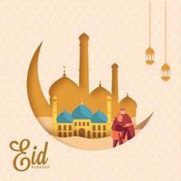 Eid Mubarak Celebration Poster Design with Paper Cut Crescent Moon, Mosque and Muslim Man Hugging on Rhombus Pattern Background. vector