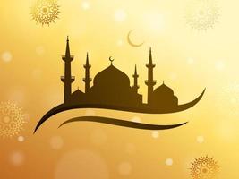 Silhouette of Mosque with Crescent Moon and Mandala Pattern on Yellow Bokeh Background. vector