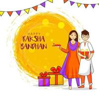 Cartoon Character of Young Boy and Girl Celebrating Raksha Bandhan with Worship Plate, Gift Boxes Illustration on Yellow Brush Stroke Background. vector